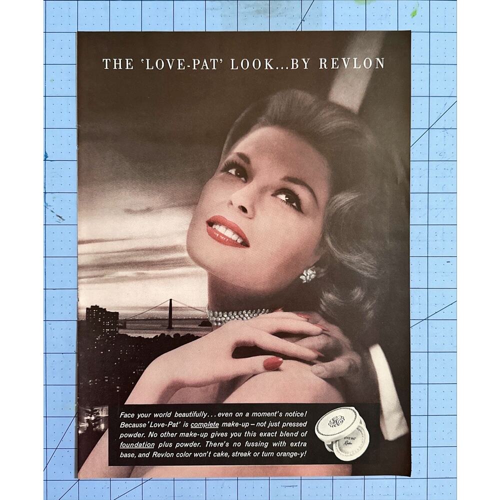 1959 Revlon Love-Pat Makeup Beautiful Woman Print Ad